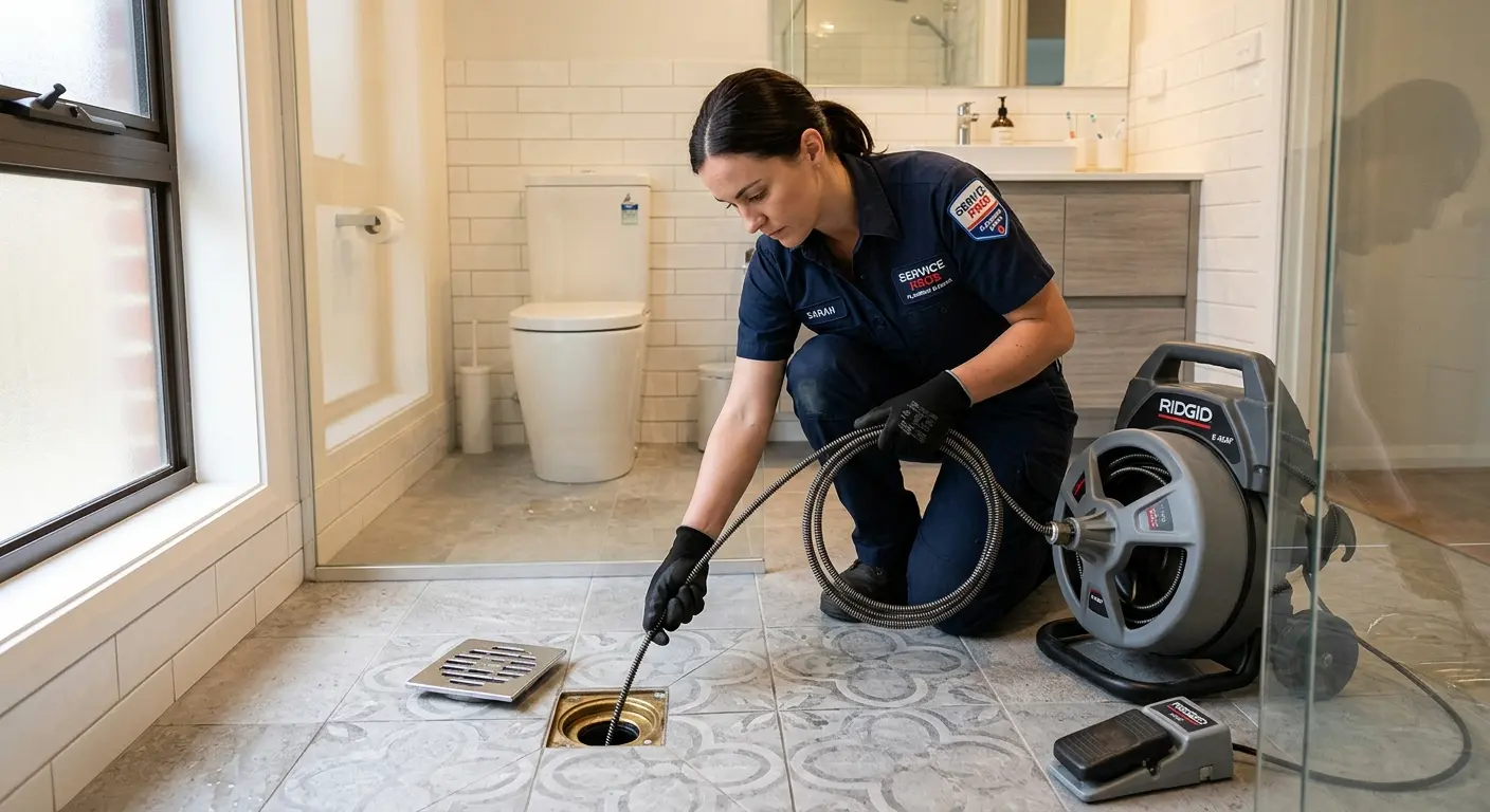 Technician clearing a bathroom floor drain for Sewer Line Replacement in Ocean City